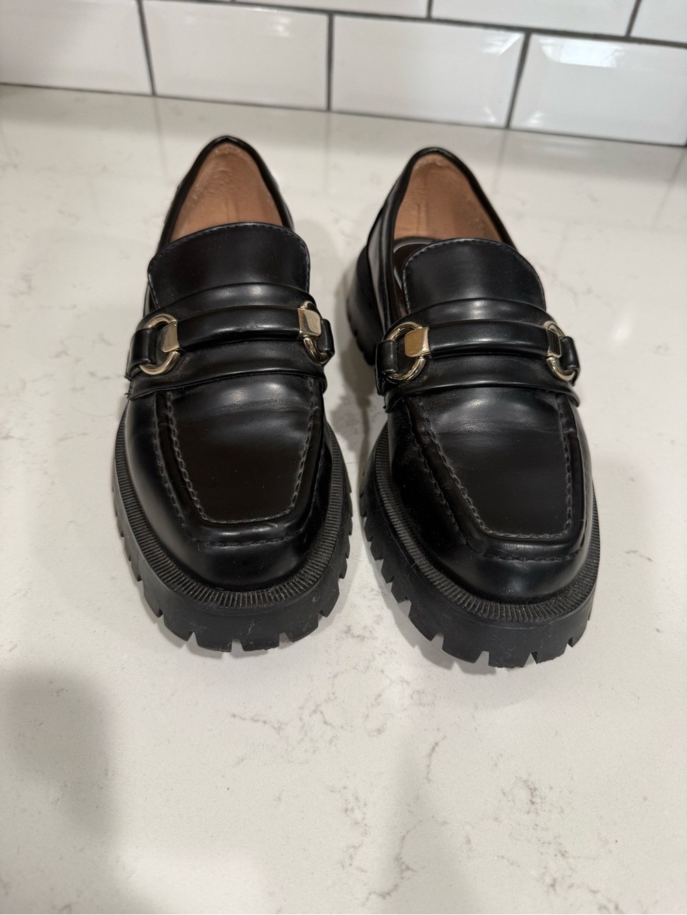 Zara Women’s Black Leather Lug-Sole Bit Loafers